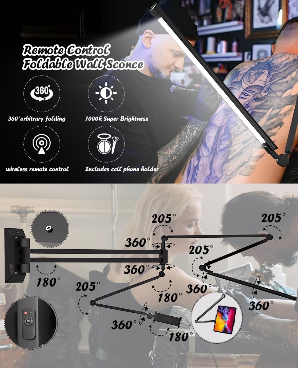Wall-Mounted LED Work Light with Remote - Multi-Joint Foldable Swing Arm Lamp, Adjustable Brightness Color Temperature,Hanging
