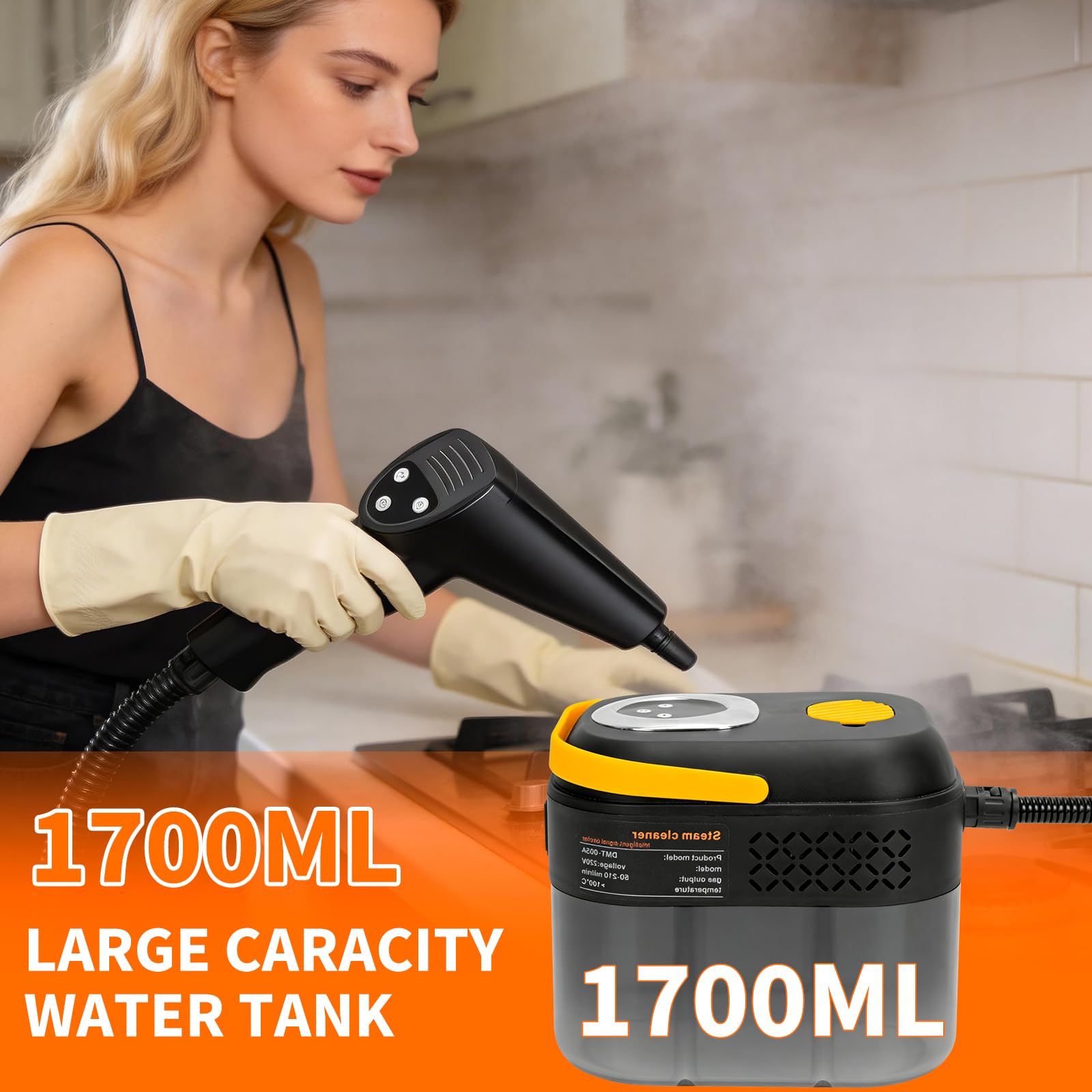 Vaporeta Limpieza Hogar 1500W, Limpiador a Vapor de Mano con Tanque de 1700ml, Máquina de Limpieza a Vapor Portátil con 6 Velocidades y Accesorios para Cocina, Baño, Sofá y Azulejos