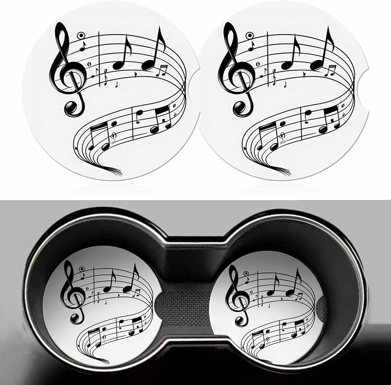 Porta-Copos para Carro Jnomin com Estampa de Notas Musicais, Cerâmica Absorvente e Base de Cortiça, Kit com 2