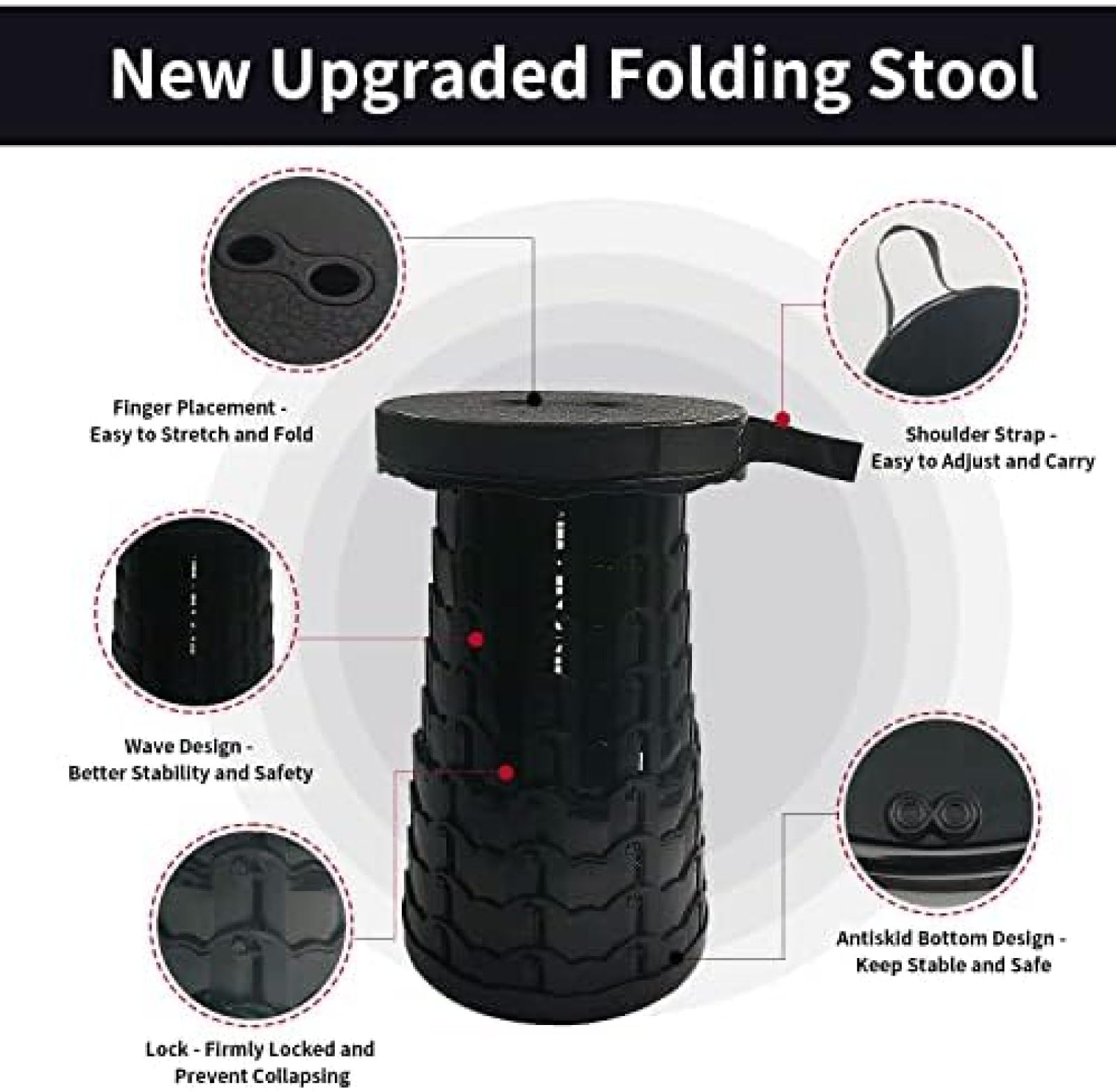 Taburete telescópico portátil, Taburete Plegable retráctil Ajustable Mejorado, Plegable, Resistente, Ligero, Resistente, Asiento telescópico para Adultos, Camping, Pesca, Senderismo, Viajes,