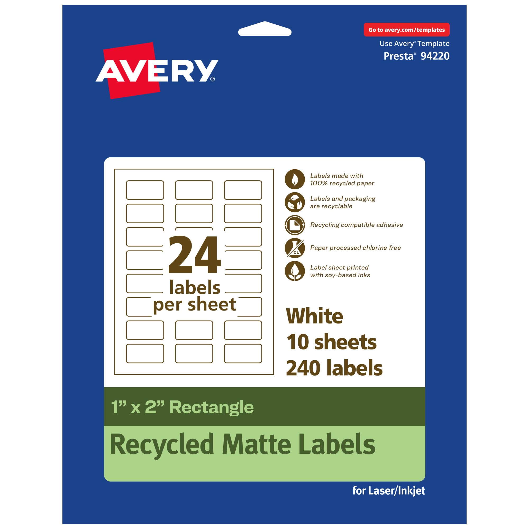 Avery EcoFriendly Matte White Recycled Rectangle Labels, 1" x 2", Print-to-The-Edge, Matte White Labels, Permanent Adhesive, Laser/Inkjet Printable,