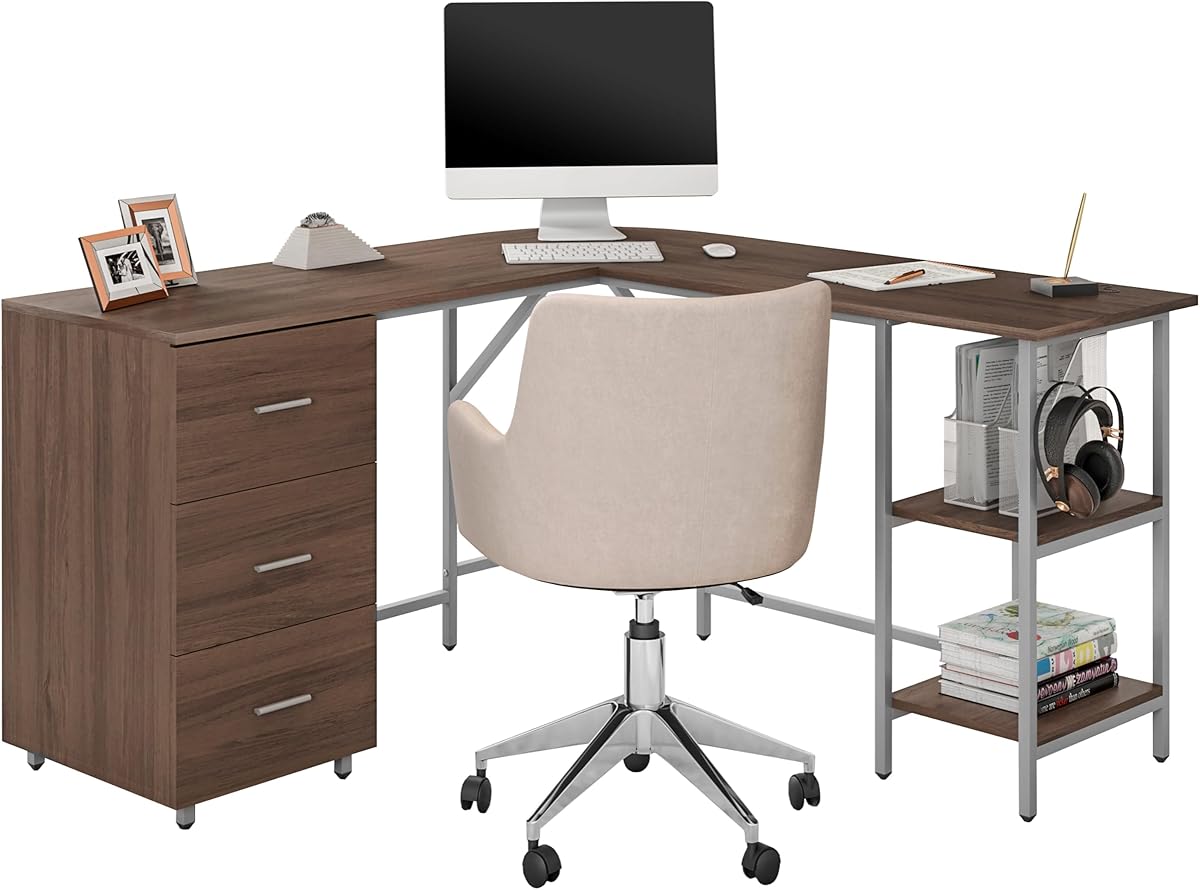 Techni Mobili L Shaped Desk - Two-Toned Computer Desk with Drawers & Storage Shelves - Simple Modern Furniture & Home Office Space Corner Table for Work & Writing