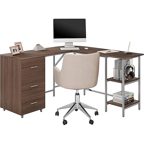 Techni Mobili L Shaped Desk - Two-Toned Computer Desk with Drawers & Storage Shelves - Simple Modern Furniture & Home Office Space Corner Table for Work & Writing