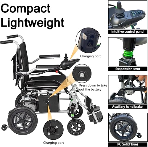 Miniatura 7 de Silla de ruedas eléctrica, ligera 37.5 libras, potencia de motor plegable de 180 W, batería de 10 AH, rango de 12 millas para adultos, sillas de