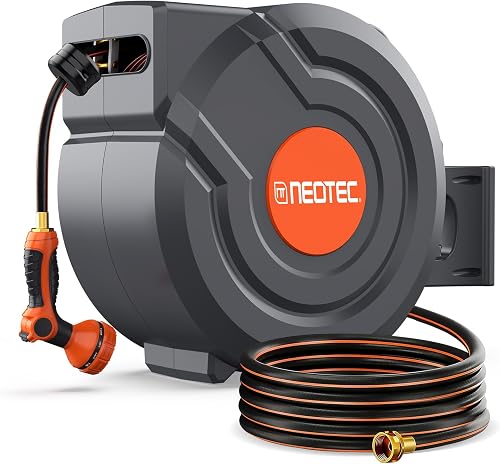130 ft x 1/2 inch Retractable Garden Hose Reel PRO Metal Bracket Any Length Lock 9 Pattern Nozzle Wall-Mounted Automatic Slow Return 180° Swivel UV Resistant Heavy Duty Hose Reels for Outside