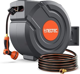 130 ft x 1/2 inch Retractable Garden Hose Reel PRO Metal Bracket Any Length Lock 9 Pattern Nozzle Wall-Mounted Automatic Slow Return 180° Swivel UV Resistant Heavy Duty Hose Reels for Outside