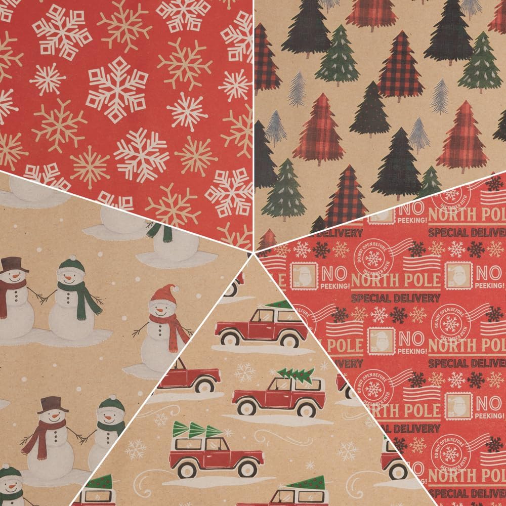 JAM Paper Assorted Gift Wrap - Christmas Kraft Wrapping Paper - 125 Sq Ft Total - Kids Kraft Christmas Set - 5 Rolls/Pack Kids Kraft Christmas Set 1 Count (Pack of 5)