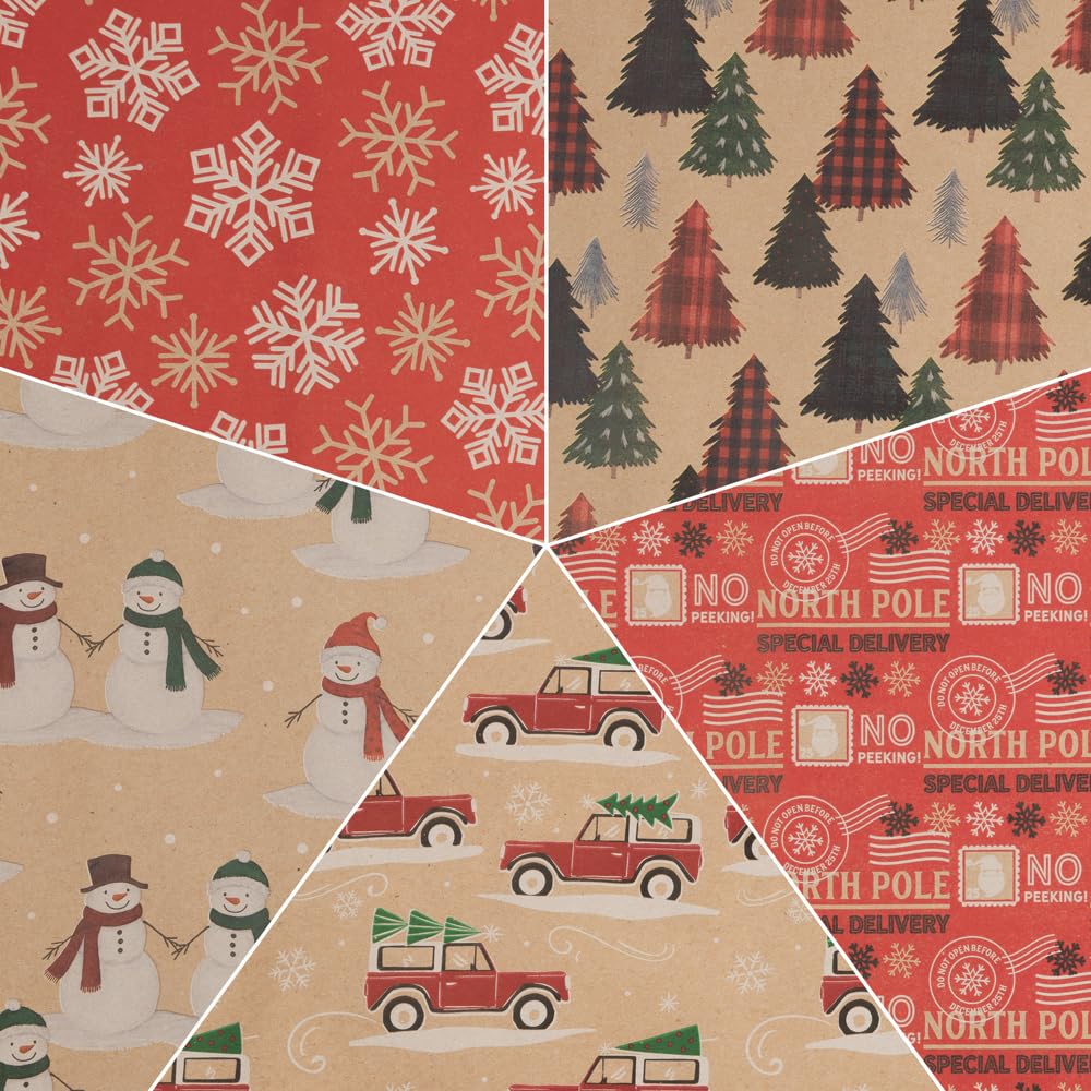 JAM Paper Geschenkpapier, Weihnachtsgeschenkpapier, Kraftpapier, insgesamt 125 m², 5 Rollen/Packung