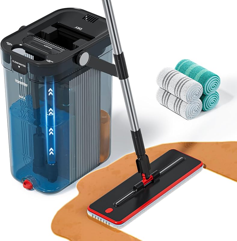 3-Tank Transparent Mop and Bucket Set with Separate Dirty & Clean Water, 65" Flat Mop for Floor Cleaning, 4 Machine Washable Microfiber Pads for Wood Tile - Black