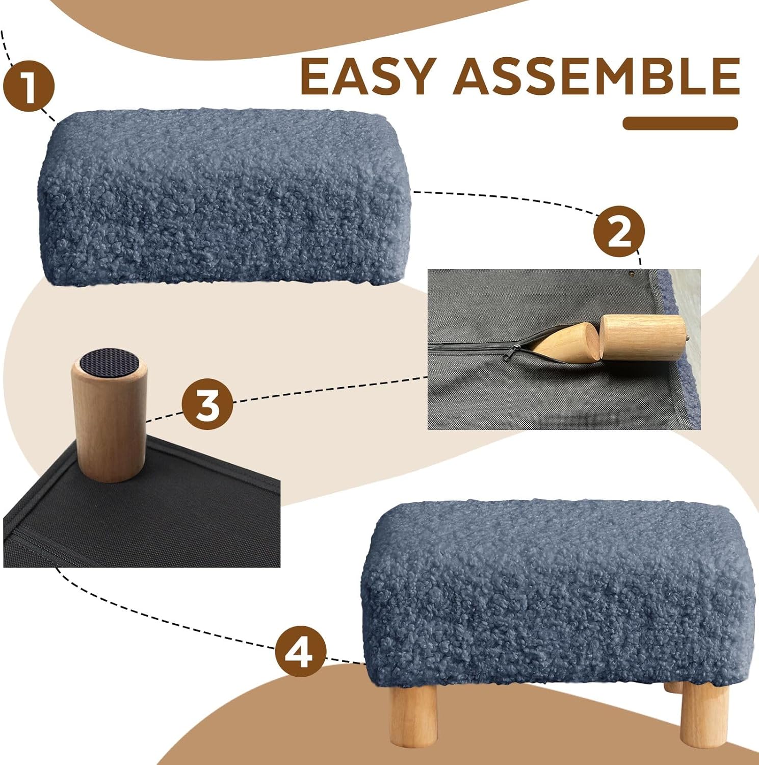 Small Foot Stool Ottoman, Sherpa Footstool Ottoman Foot Rest for Couch, Rectangle Footstools and Ottomans Small for Living Room, Entryway and Bedroom (Navy Blue)