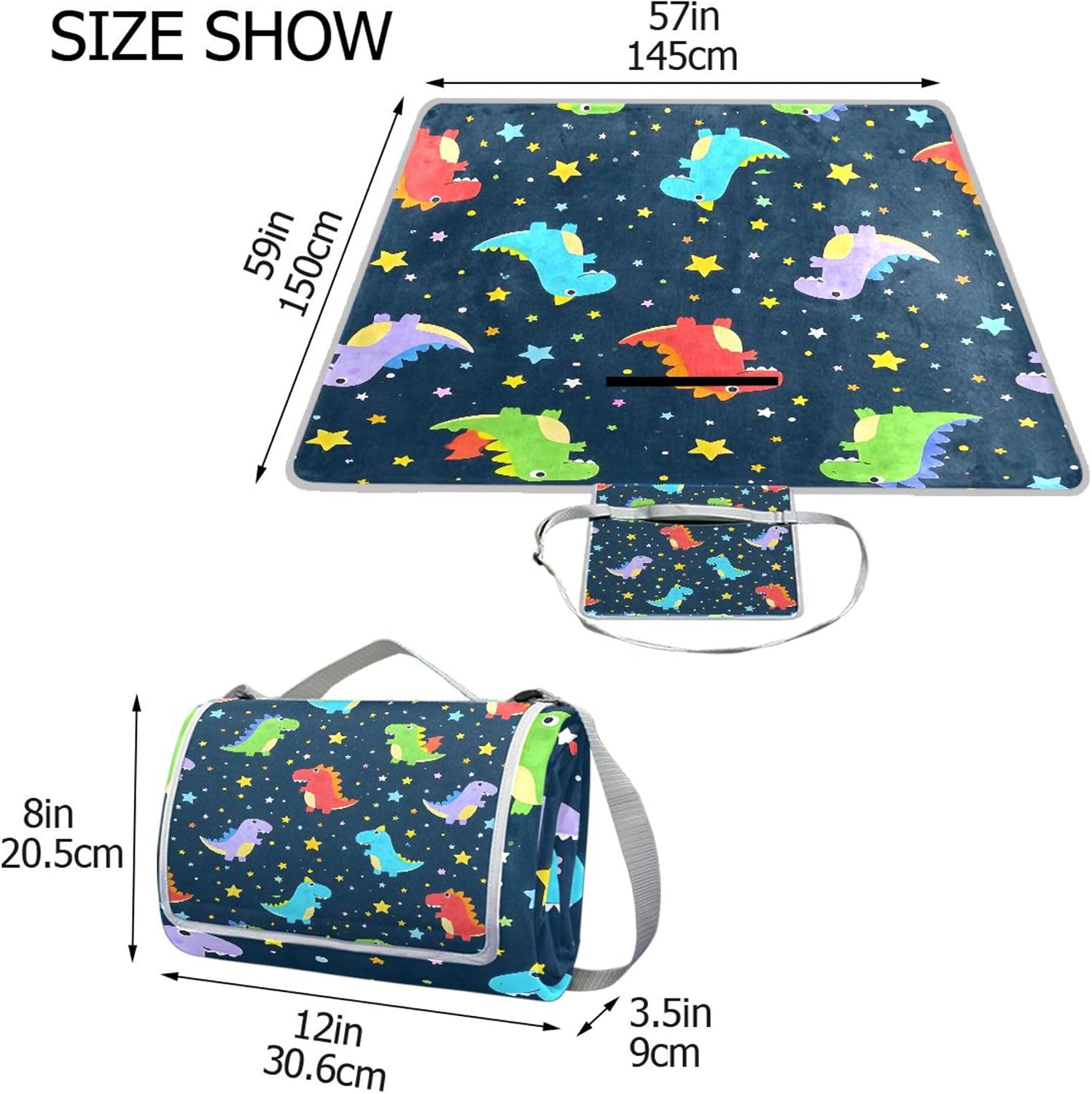 MNSRUU Picnic Blanket Waterproof Foldable, Dinosaur Stars Cute Large Outdoor Picnic Blanket Beach Blankets Camping Blanket Travel Mat, Shoulder Strap Tote, Rectangle 57x59in