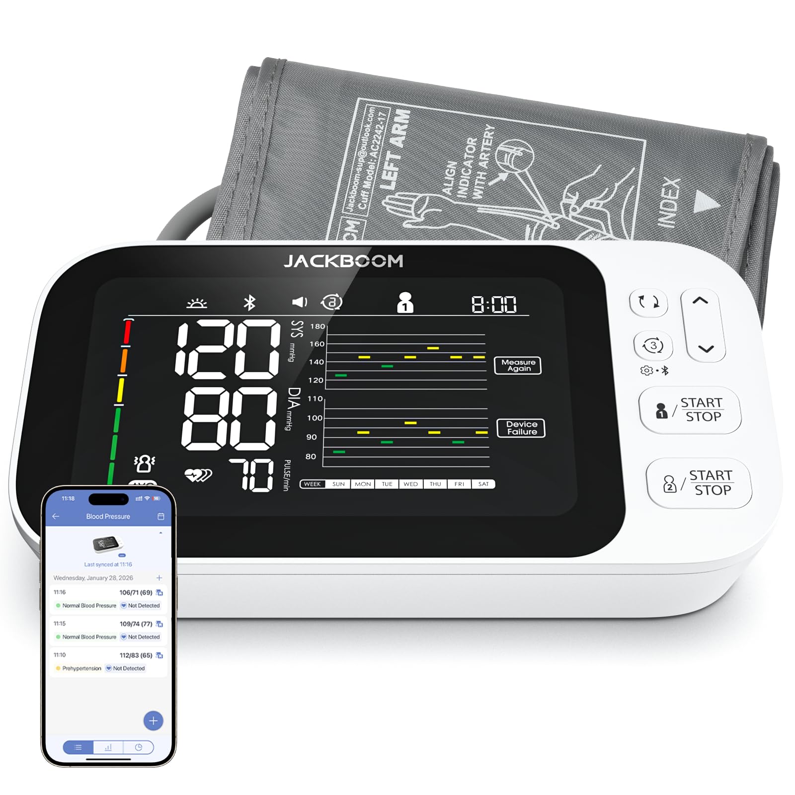 JACKBOOM Automatic Upper Arm Blood Pressure Monitor, 2x250 Readings, 5.5 in LCD Screen, Voice Guidance, Adjustable Cuff (8.7-16.5 in) with Storage Box and App