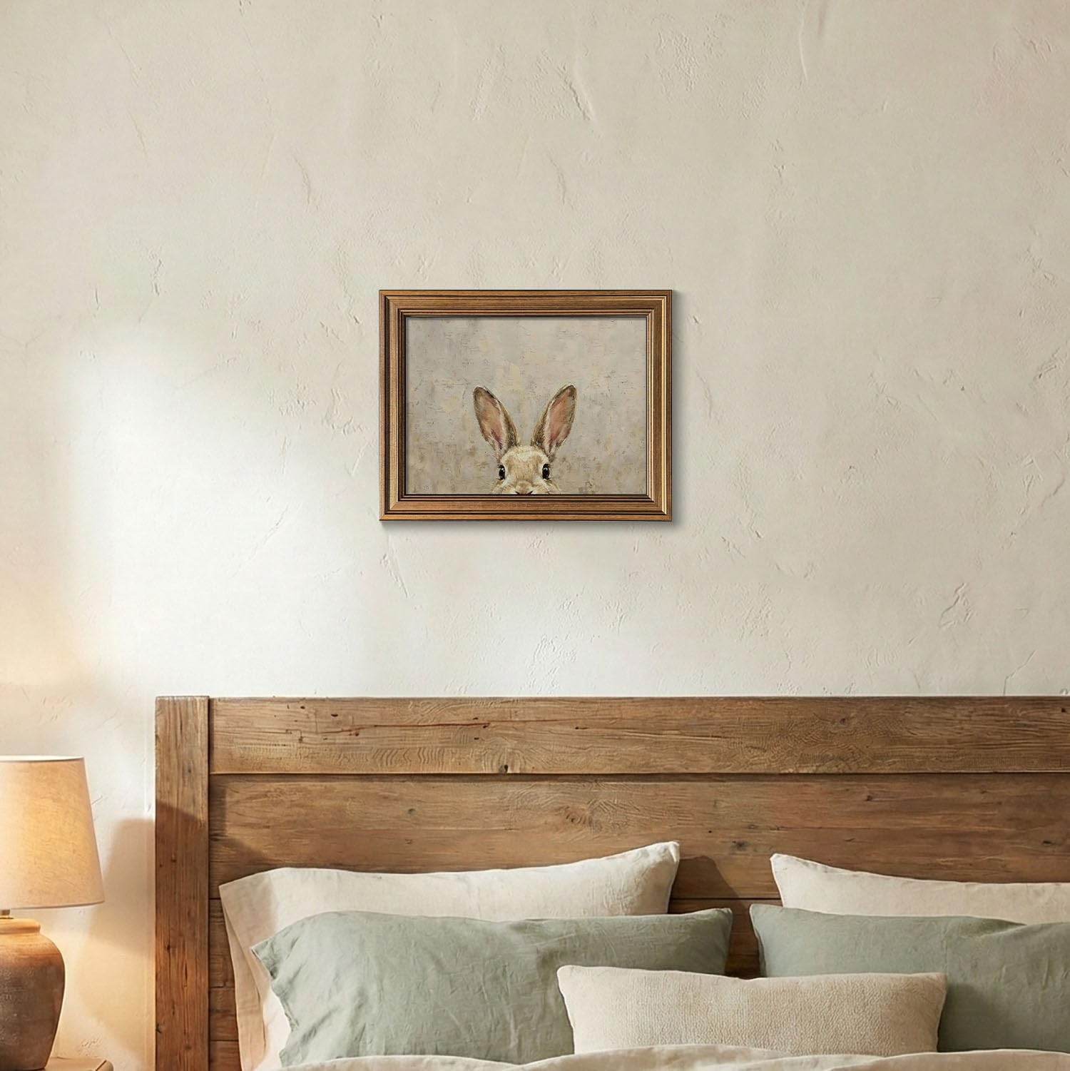 Wemandh Gold Framed Vintage Easter Bunny Wall Art - Muted Spring Rabbit Oil Painting Print, Farmhouse Easter Wall Decor, Rustic Cottagecore Animal Picture for Shelf, Mantle & Holiday Home Decor (Framed, 9.5'' x 12'') — view 5