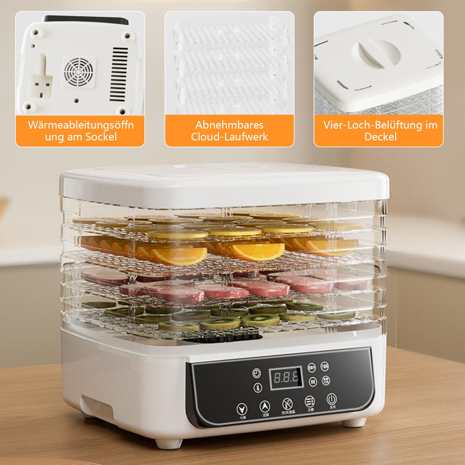 Déshydrateur automatique avec 5 compartiments, 160 W, 35-70 °C, minuterie 72 h, déshydrateur en acier inoxydable pour viande, fruits, légumes, aliments, champignons, fruits, déshydrateur