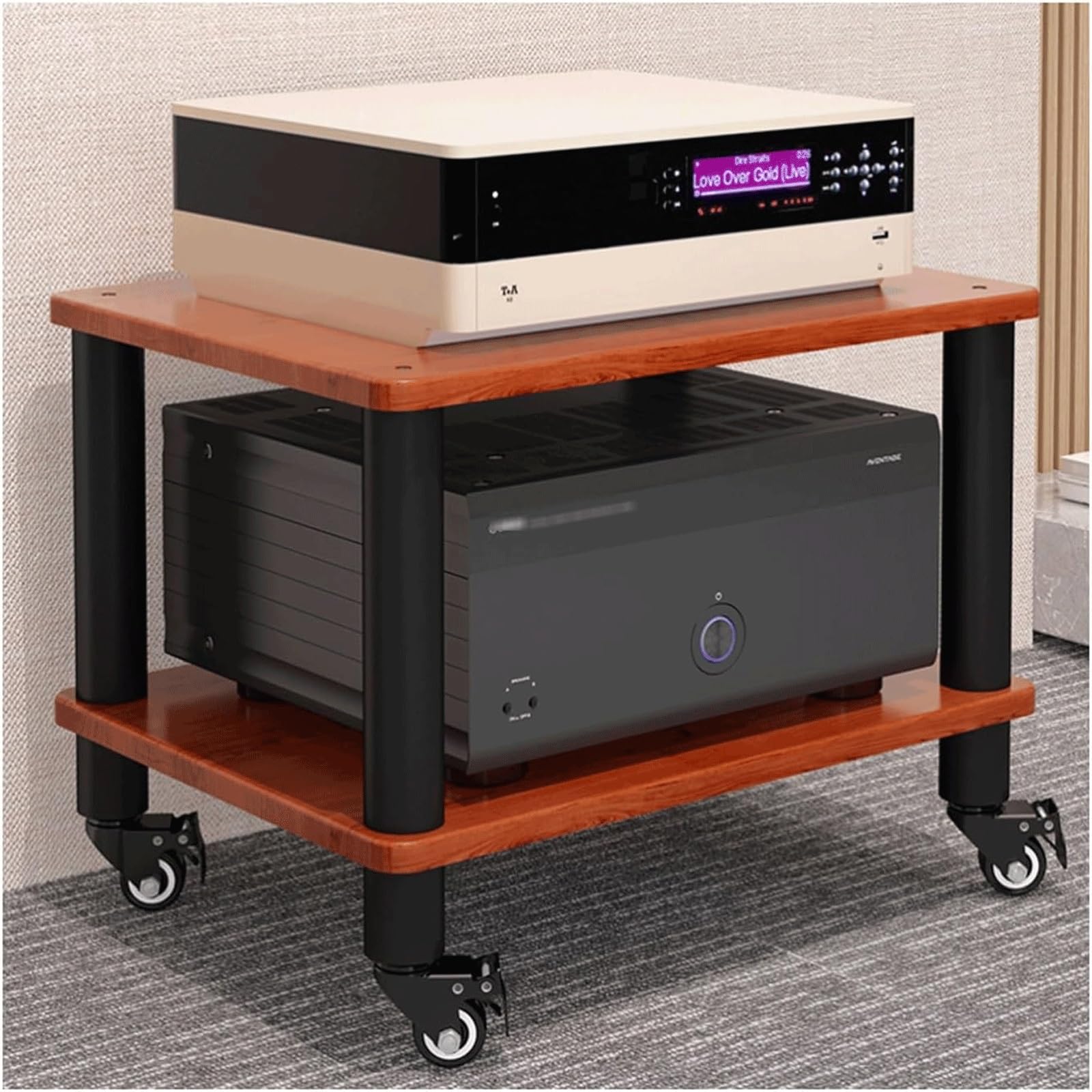 Amazon｜木製オーディオラック（キャスター付き）、1段ステレオラック