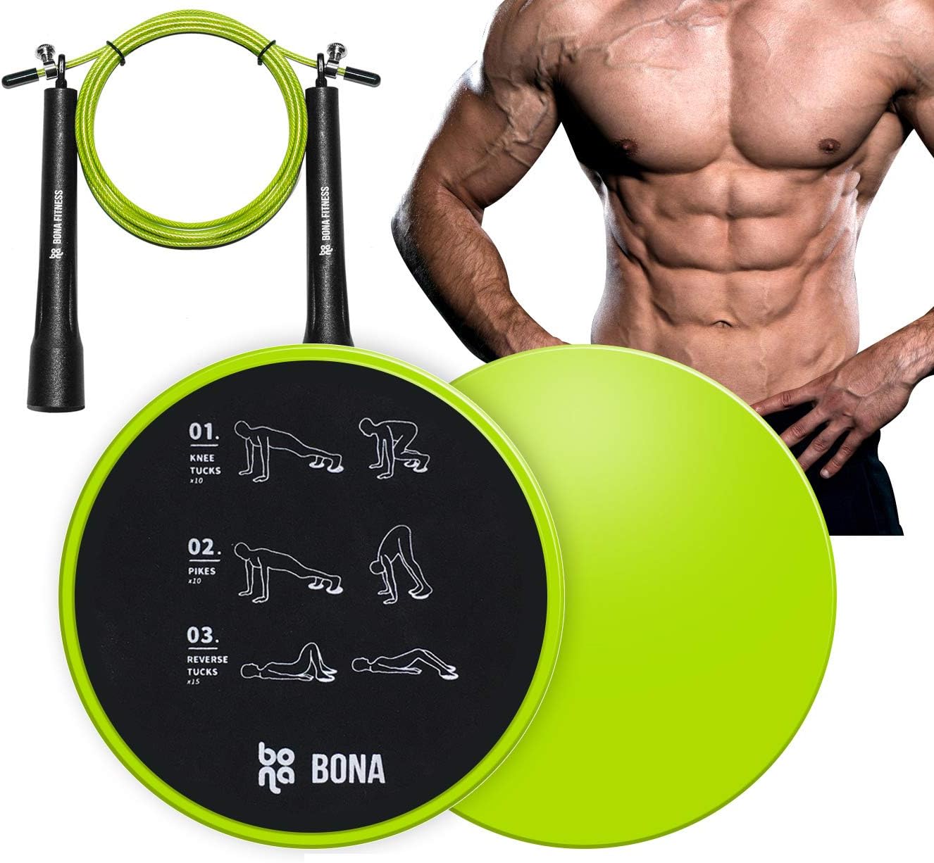 BONA Fitness Core Exercise Sliders,Dual Sided Gliding Discs(Set of 2) Use on All Surfaces with Jump Rope for Stretch Strength Abdominal Core Exercise