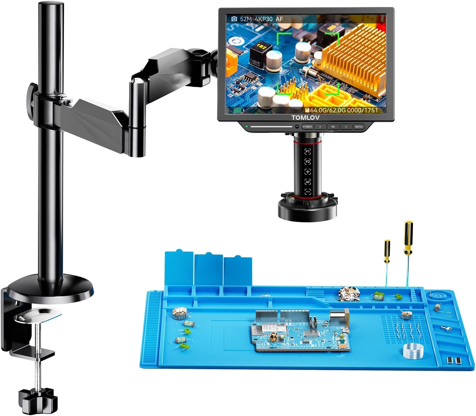 – TOMLOV TM4K-AF Flex 4K Autofocus Digital Microscope HDMI, 8" IPS Coins Magnifier 2000X, 52MP Scope Camera for Soldering, with Flex Arm, Electronics Repair Mat, Ring Light, 64GB Card
