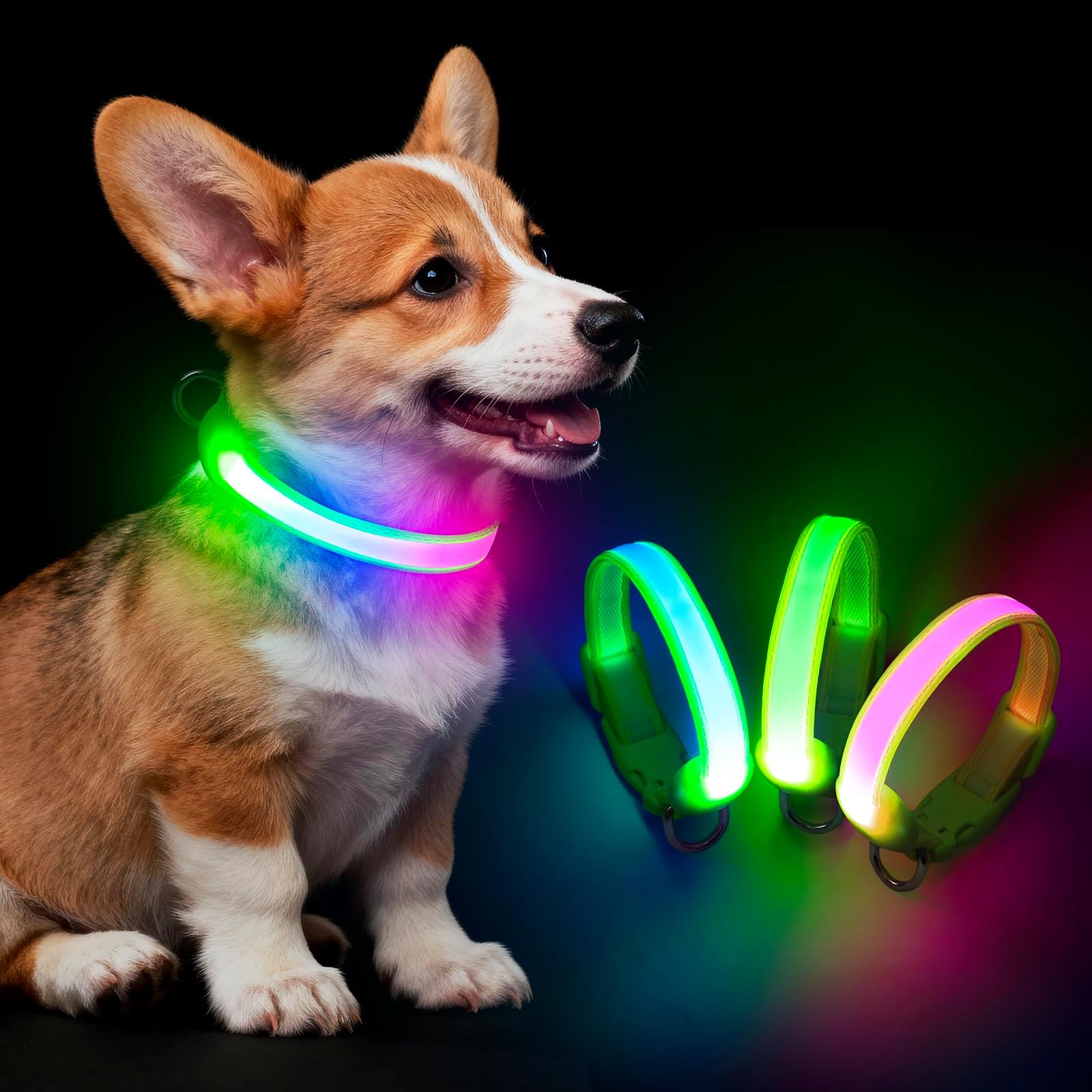 Light up Dog Collar - Multi-Color LED Dog Collar, USB-C Rechargable, Flashing Collar for Cats, Puppy Dogs and Small Breeds,Waterproof and Adjustable Rainbow Collar for Dogs(XSmall)