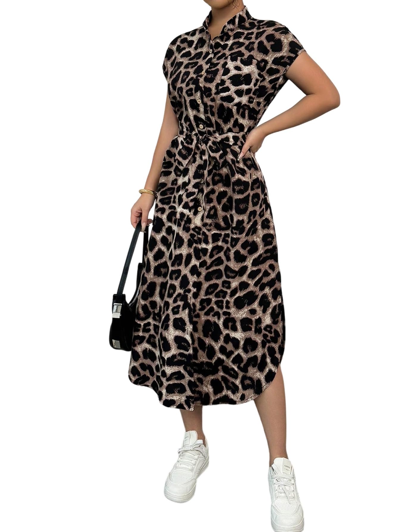SweatyRocks Blusenkleid Damen Sommer Lang Leo Kleid Maxikleider Sommerkleid Shirtkleid Mit Tasche Business Outfit Leoparden Kleider Mit Knöpfen