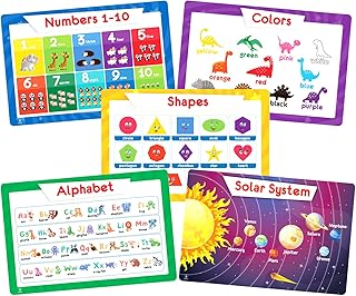 Simply Magic 5 Placemats for Kids - Kids Placemats Non Slip, Washable Reusable Toddler Placemats, Educational Placemats: Alphabet ABC, Shapes, Colors, Numbers, Solar System, Plastic Placemats for Kids