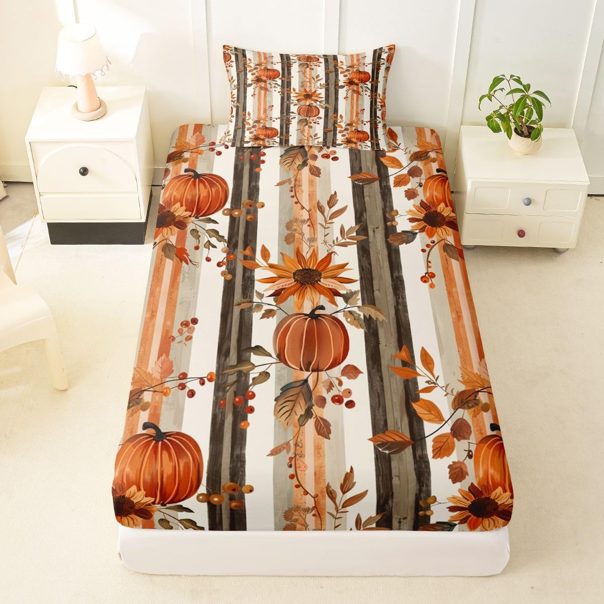 Autumn Pumpkin Kids Fitted Sheet Twin Size (No Flat),Retro Fall Style Bedding Sets 2Pcs for Girls Teens Room Decor,Rustic Famhouse Stripes Bed Sheets Sunflower Leaves Deep Pocket Sheet,1 Pillowcase