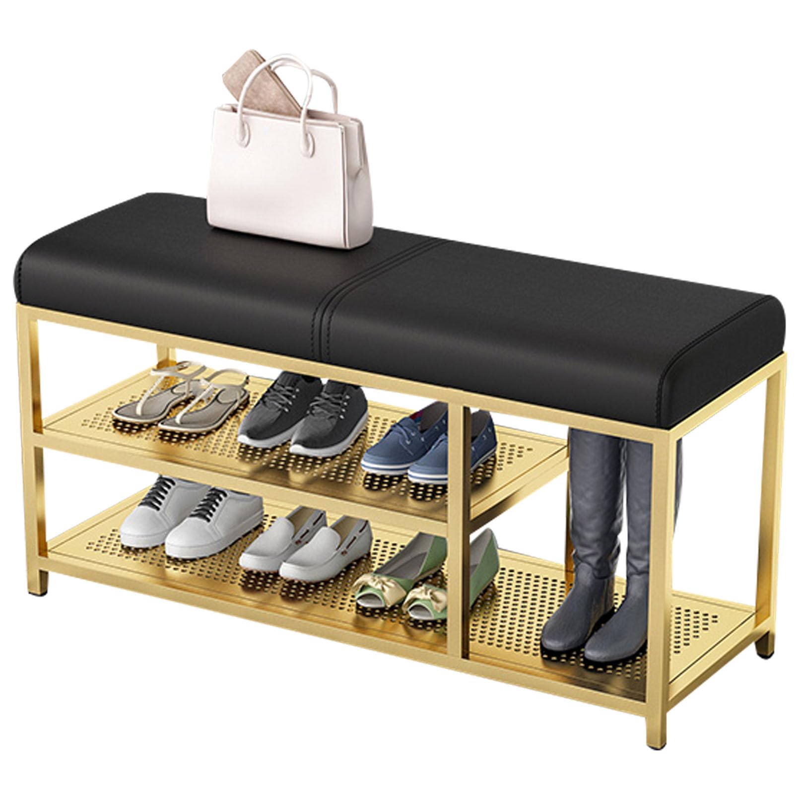 EsEntL Gepolsterte Regale und Aufbewahrungsbank, Moderne Schuhregalbank aus Kunstleder mit Metallbasis, osmanischer Bettendhocker für Schlafzimmer, Wohnzimmer, Esszimmer, 2-stöckig