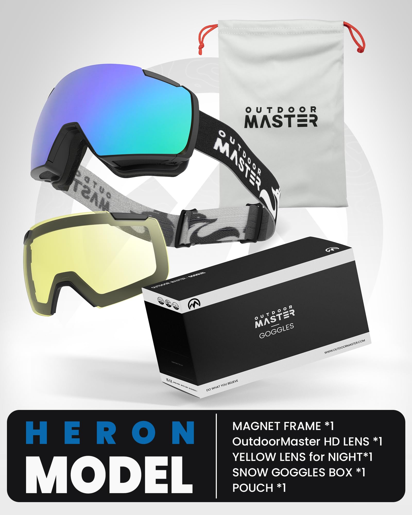 OutdoorMaster Heron Skibrille mit 2 Gläsern, rahmenlos, magnetisch austauschbare HD Toric Lens, OTG Snowboardbrille für Männer & Frauen, 100% UV-Schutz Snow Goggles