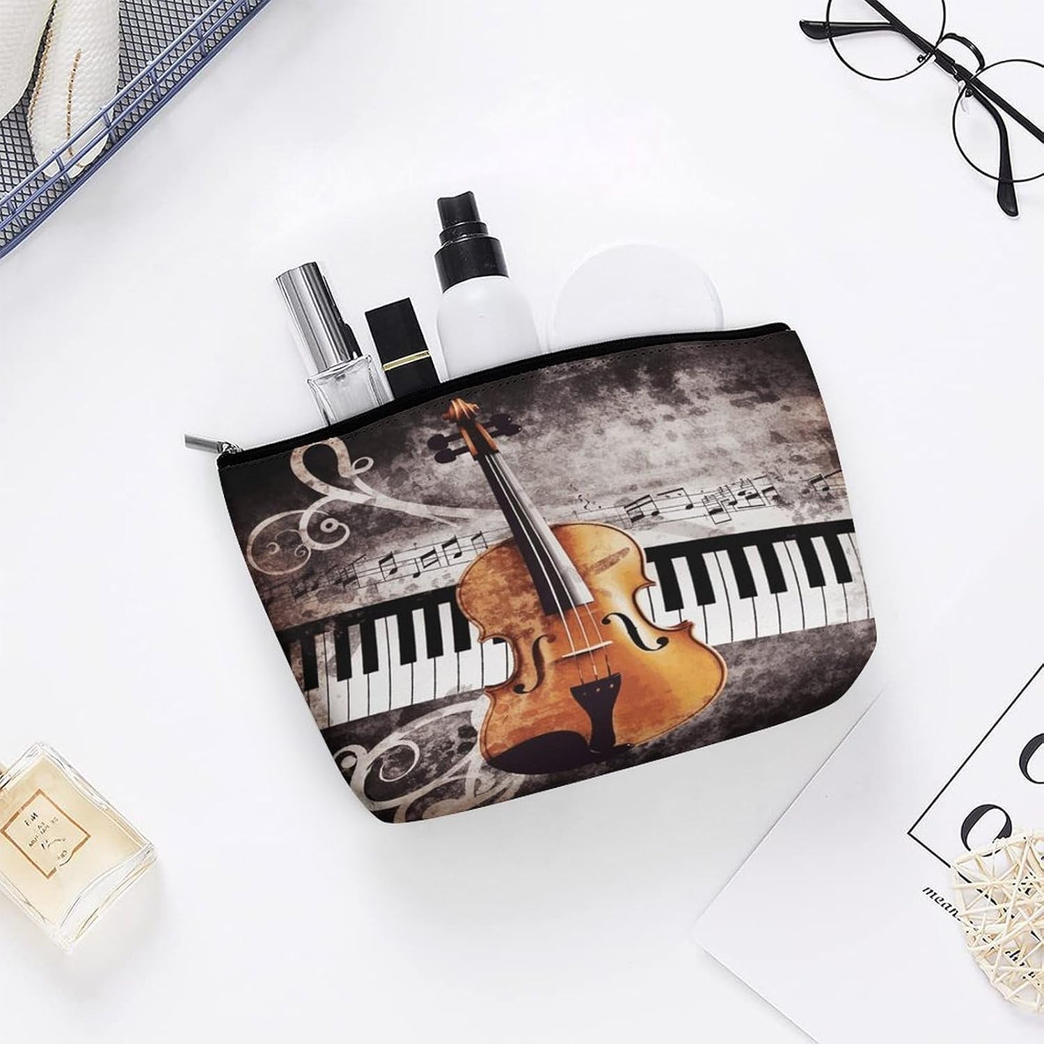 Piano Violin Music Notes Makeup Bag for Purse Large Capacity Cosmetic Bags Aesthetic Accessories Storage Bag for Women Travel Toiletry Bags Portable Cosmetic Pouch image 5