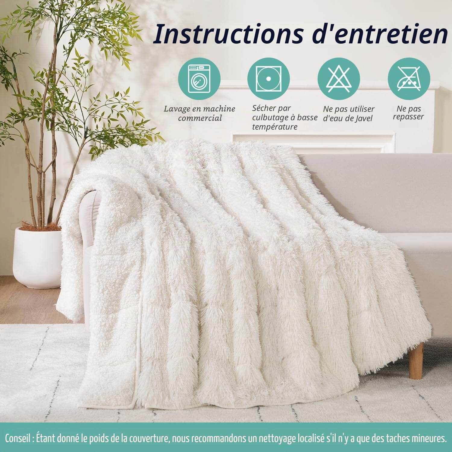 Wemore Couverture lestée à Poils Longs en Fausse Fourrure à Poils Longs, Confortable et Moelleuse pour Adulte, 6,8 kg, Couverture Lourde en Sherpa pour lit ou canapé, Blanc crème, 122 x 183 cm