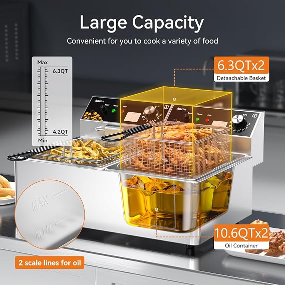 Commercial Deep Fryer 20L Countertop Fryers 1.0mm Thickened Stainless Steel 5000W Electric Immersion Deep Fryer with Basket Adjustable Temperature for Home Kitchen Restaurant