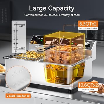 Commercial Deep Fryer 20L Countertop Fryers 1.0mm Thickened Stainless Steel 5000W Electric Immersion Deep Fryer with Basket Adjustable Temperature for Home Kitchen Restaurant