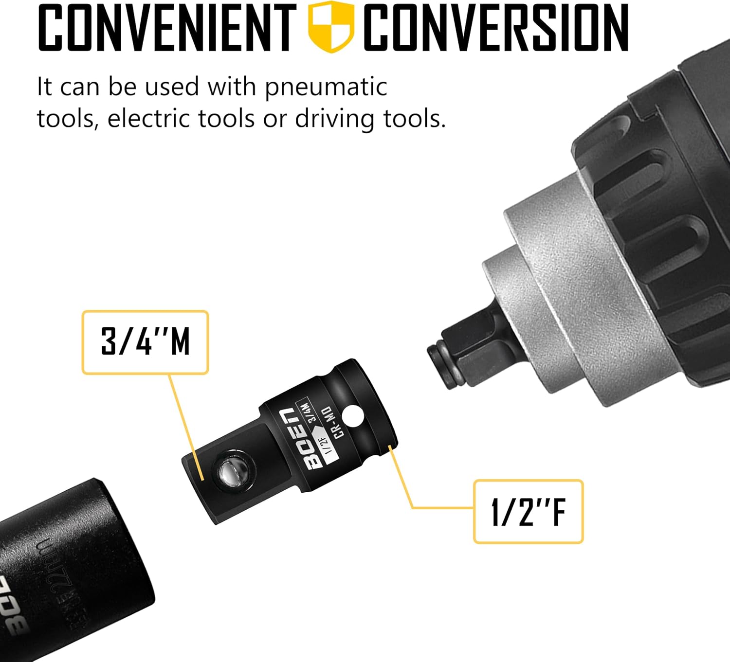 Boen 1/2" F to 3/4" M Impact Socket Adapter, Cr-Mo Steel,Socket Adapter Set for Impact Driver Conversions