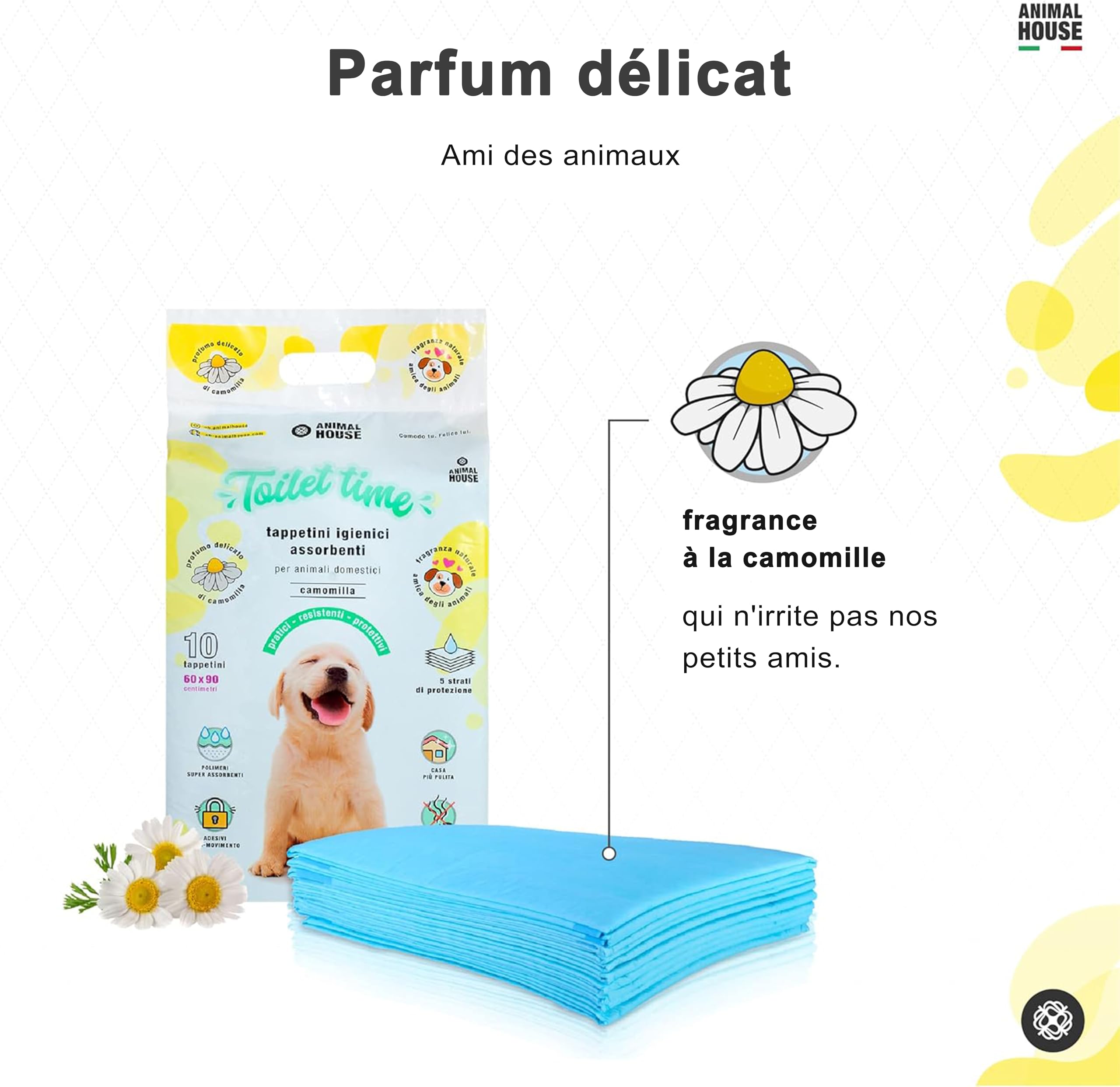 Animal House - 40PCS Tapis Hygiéniques Absorbants Camomille - Haute Absorption - sans Poussière - Retient Les Odeurs - Protège la Maison - (60x60 cm 40), Blanc/Bleu