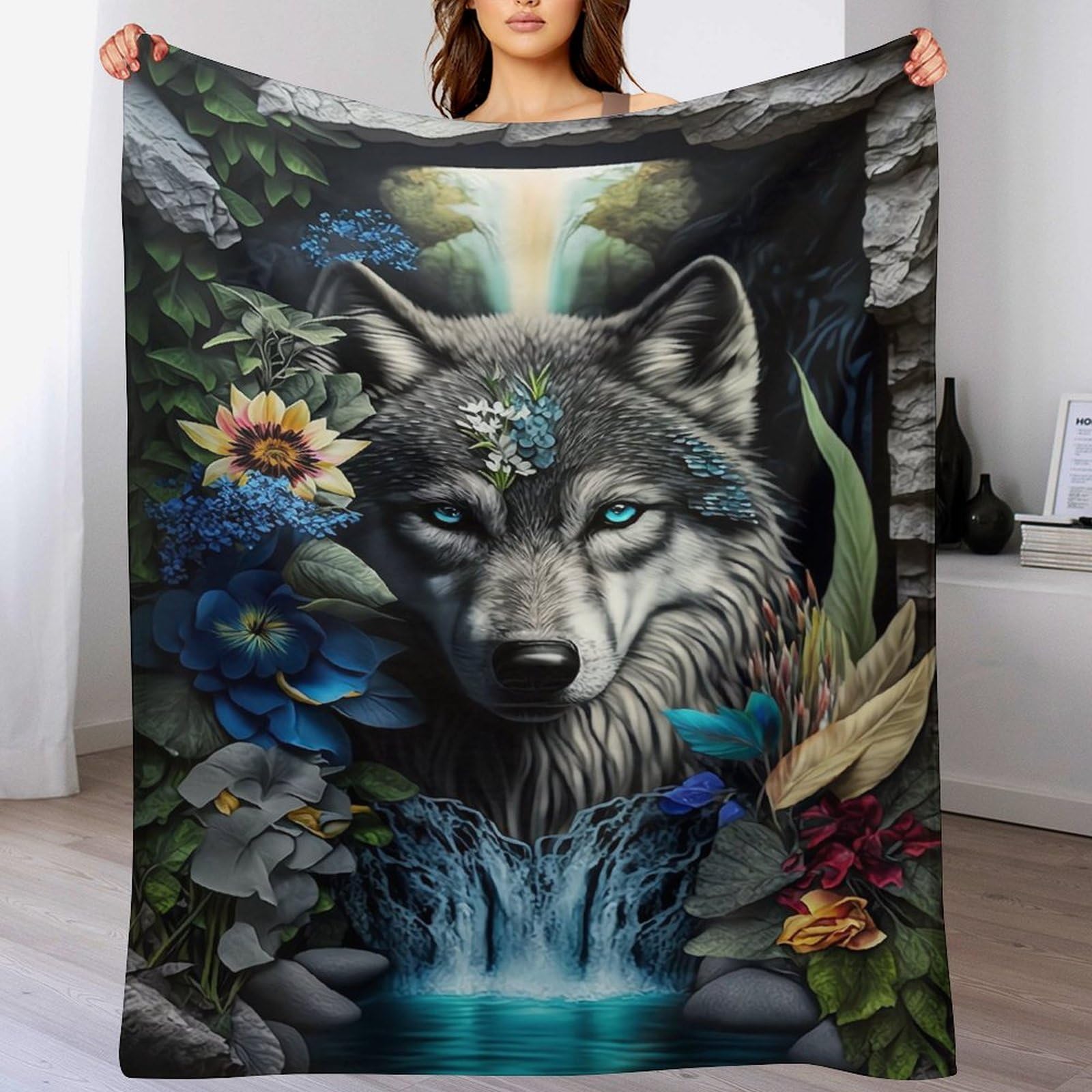 Couverture polaire loup mandala en douce flanelle chaude pour canapé 130x180cm