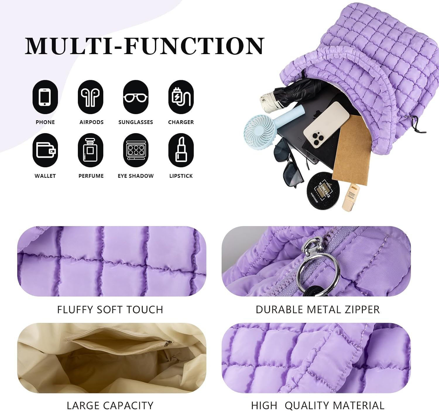 Quilted Puffer Tote Bag Puffy Crossbody Shoulder Bag with Zipper, Nylon Hobo Handbag Travel Carryall Bags for Women Girls - Image 3