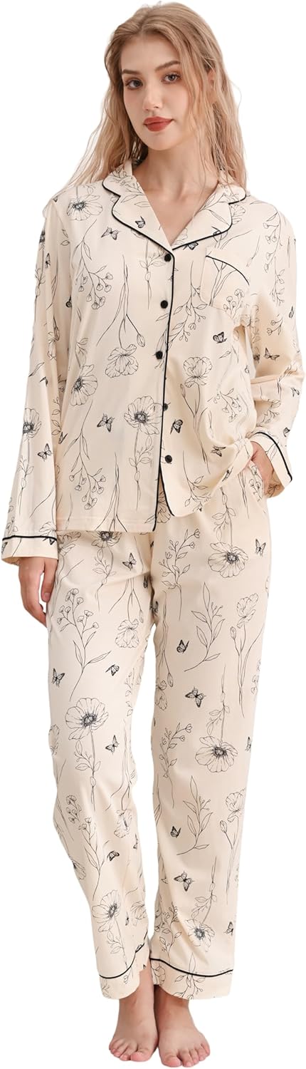100% Cotton Pajamas for Women 2 Piece PJs Set Poppy Lines S Long Sleeve with 3 Pockets Sleepwear (YSHD,S)