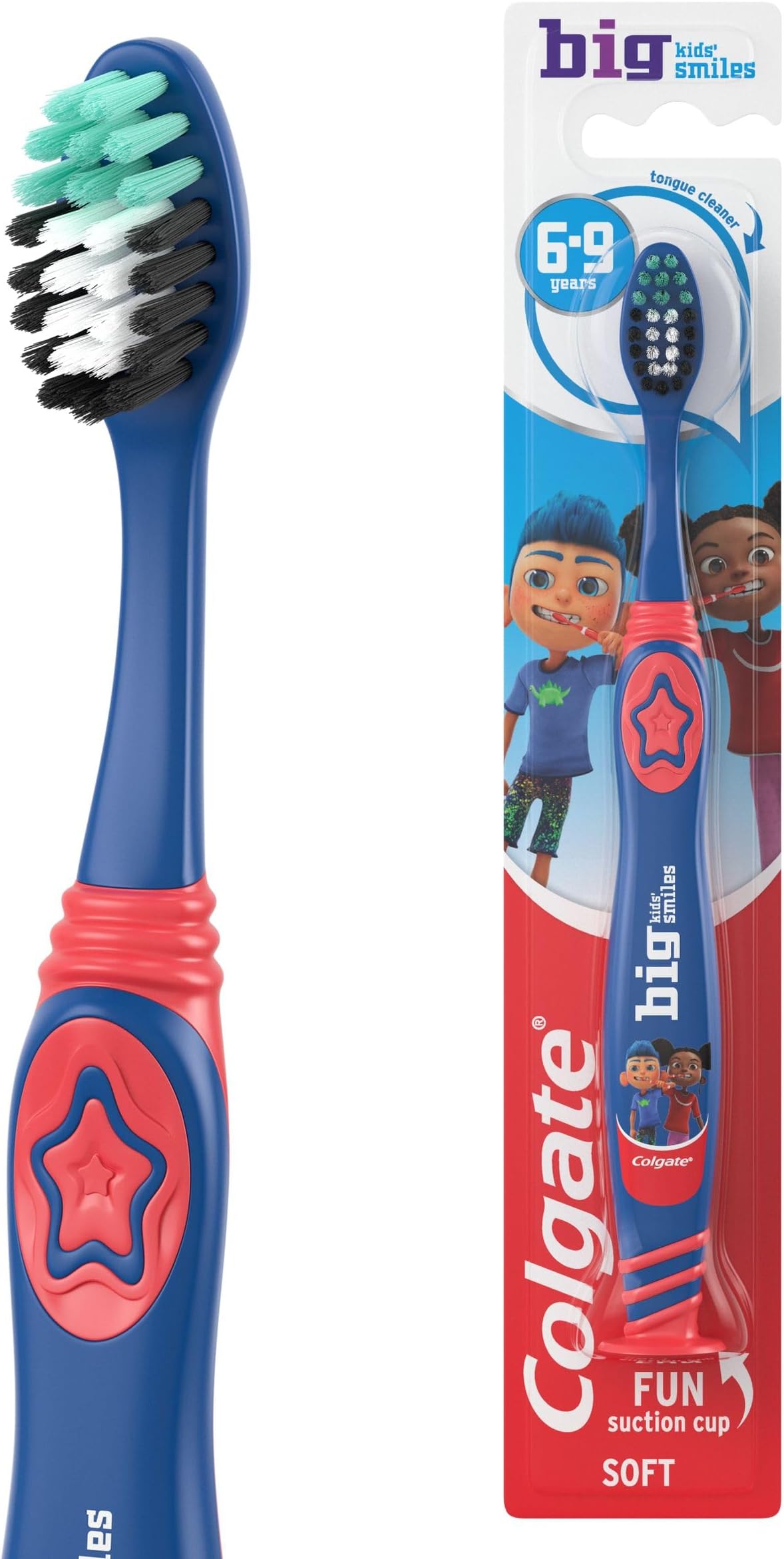 Colgate Kids Toothbrush 6-9 Years - Multi-Height Soft bristles Clean Big and Small Teeth - Rounded tip for Easy Reach of Back Teeth - Suction Cup for Upright Storage - White bristles Toothpaste Guide