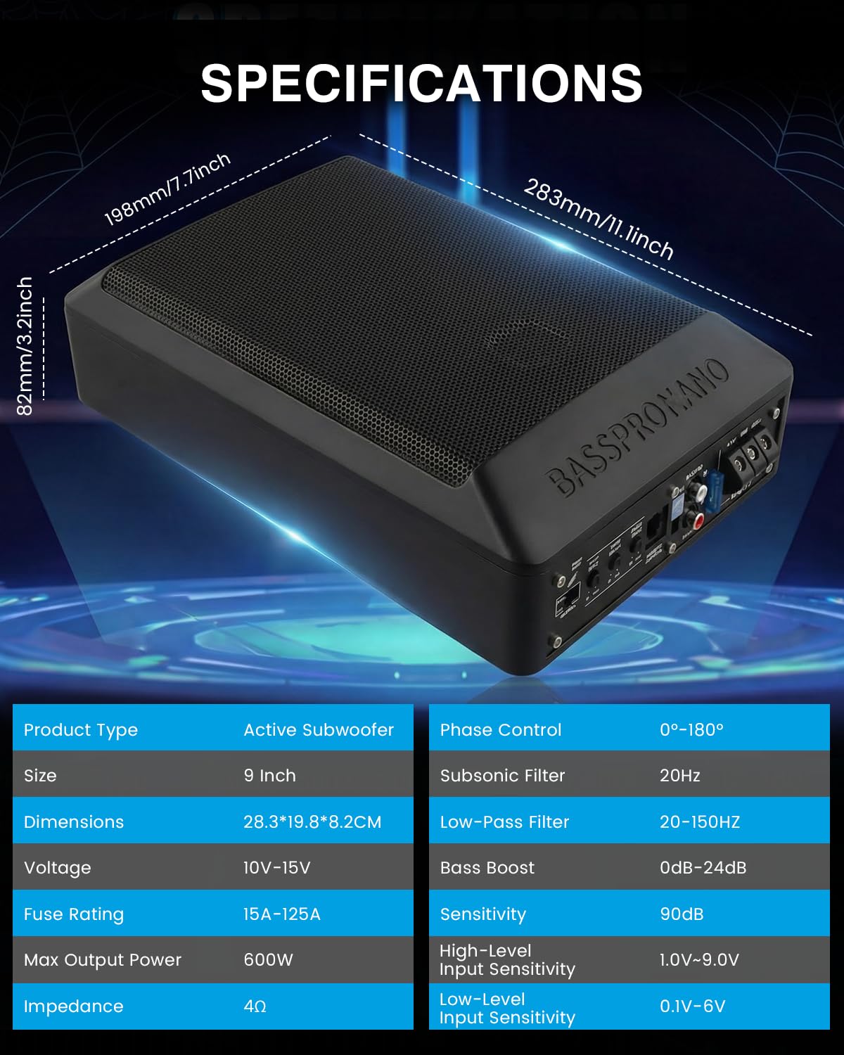 Ultraflacher Auto-Subwoofer, Adecuado para sedanes/Camiones, con Amplificador Integrado, montable bajo los Asientos, Potencia máxima de 600 W, subwoofer Compacto