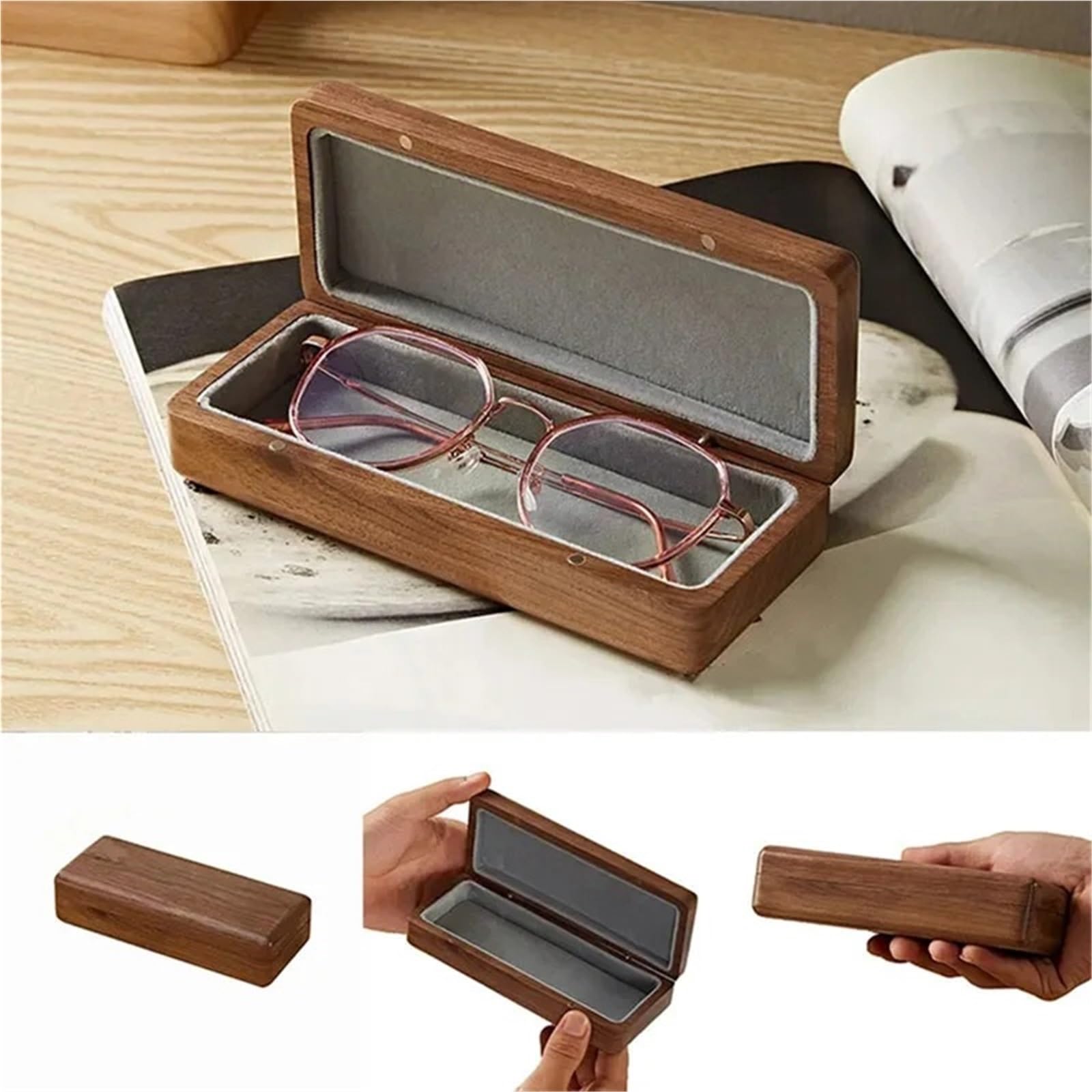 1 Uds. Estuche de madera maciza for gafas, caja Retro nogal, almacenamiento portátil for negocios for miopía for hombres y mujeres para Gafas