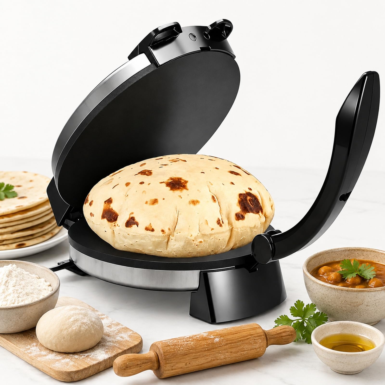 Máquina Eléctrica Roti 13", Prensa Antiadherente for Tortillas y Chapati | Máquina de Pan de Acero Inoxidable con Control de Temperatura for Auténticos Chapatis Indios y Tacos