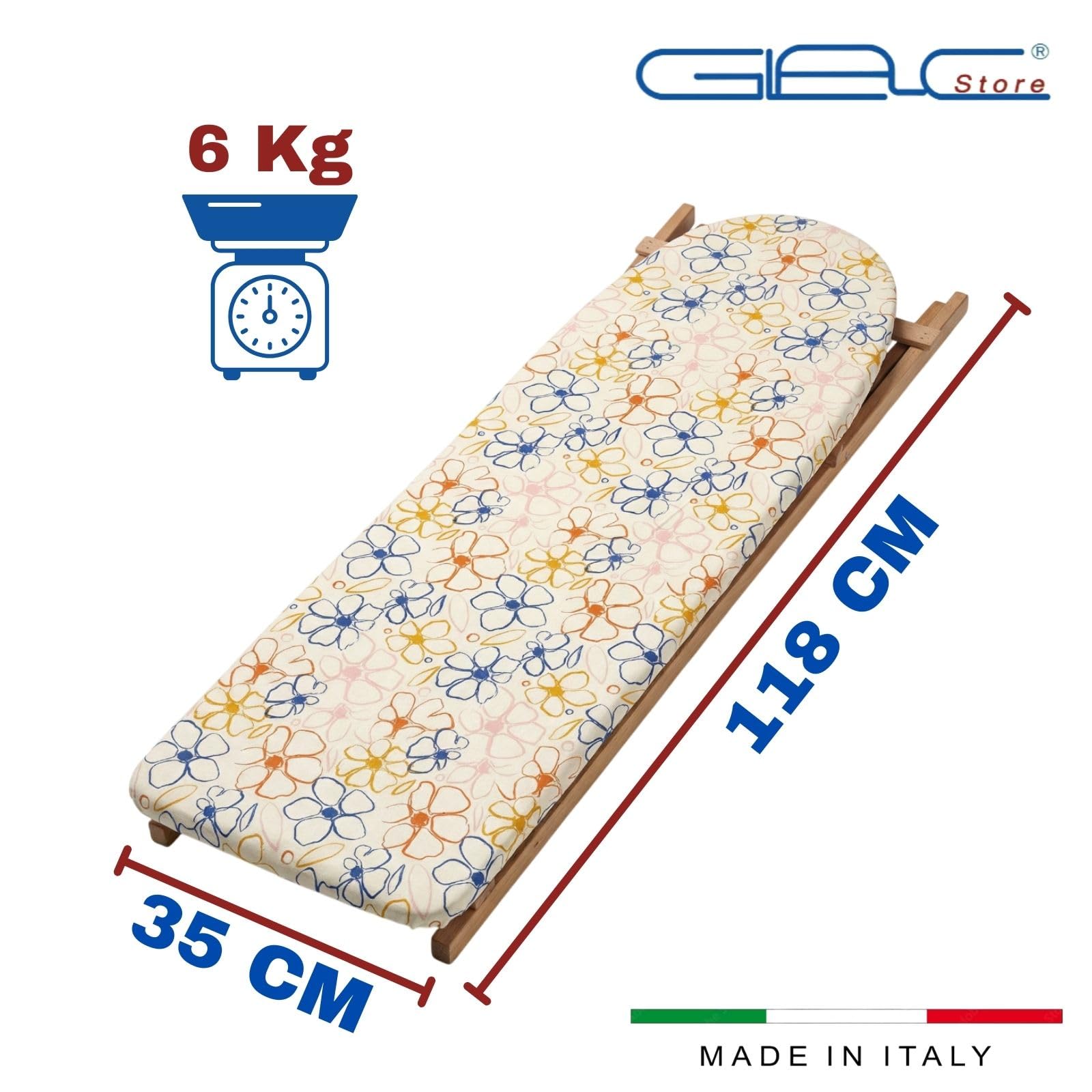 Glac Store Asse da Stiro Made in Italy 118x35 cm – Altezza Regolabile 82/87/93 cm – Piano in Legno – Porta Biancheria 47 cm – Pieghevole con Piedini Antiscivolo – Fantasia Casuale
