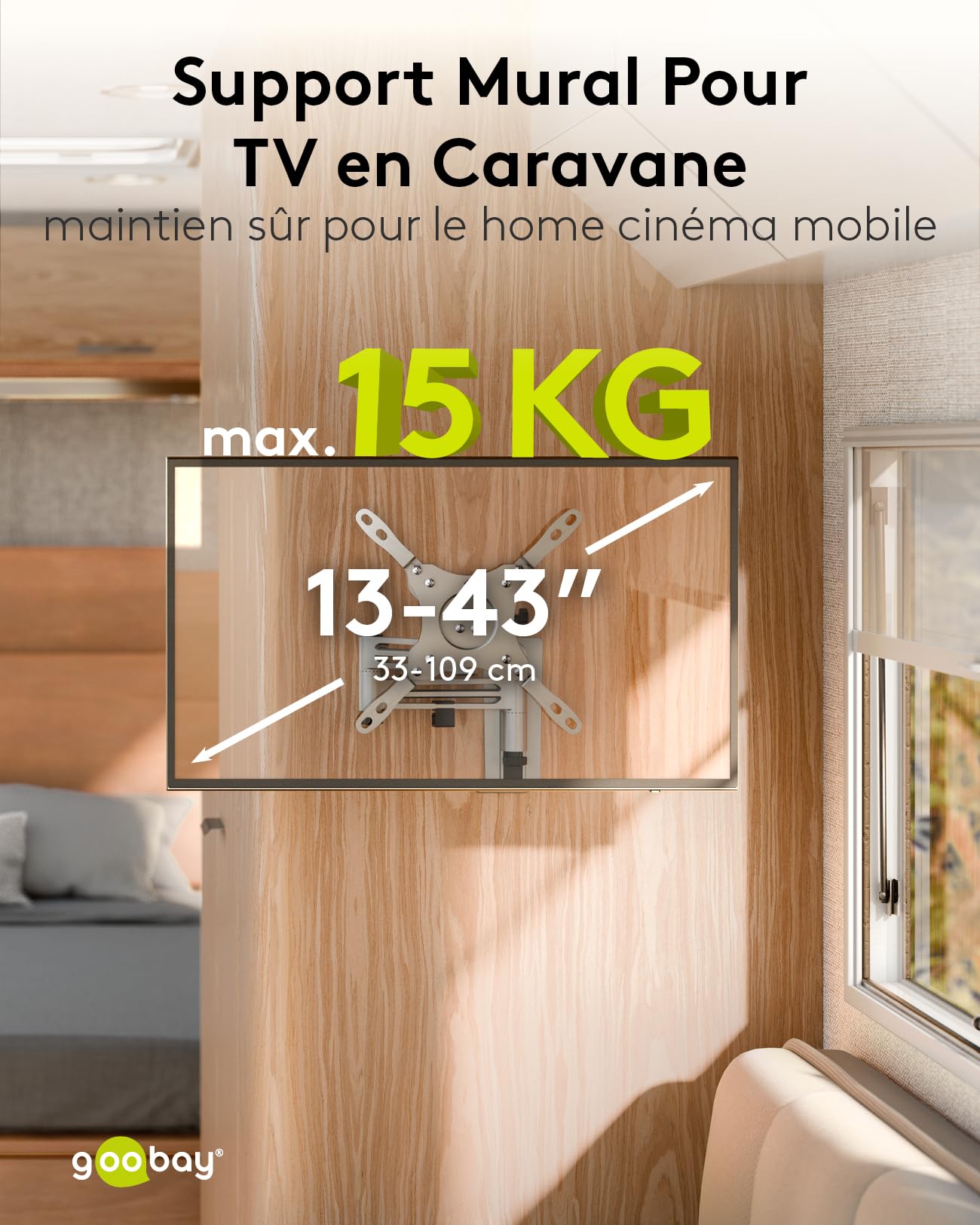 goobay Support TV Mural Camping-Car 13-43 Pouces Bras Extra Long 38 cm Orientable 180° VESA 200x200 Jusqu'à 15 kg - Orientation Totale M - 71989