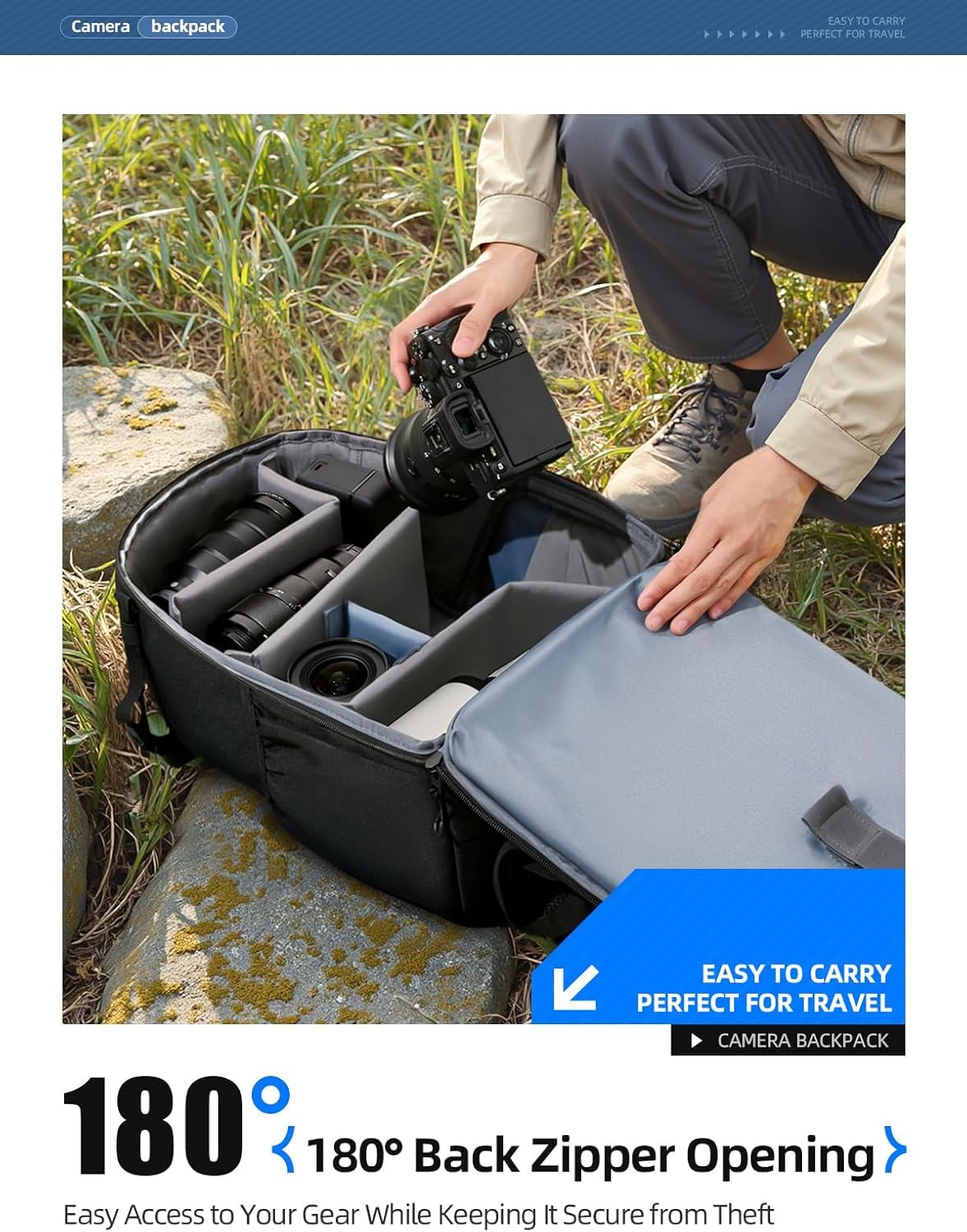 llano Zaino per Fotocamere DSLR/SLR Reflex, borsa fotografica impermeabile con scomparto per laptop e supporto per treppiede, compatta per Canon per Nikon per Sony, 20L, Nero