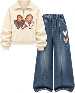 Tween Girl Clothes 2 Pieces Outfit Set Zip Up Top + Jeans Fall Winter Spring Outfit Set, Size 8-15 Years