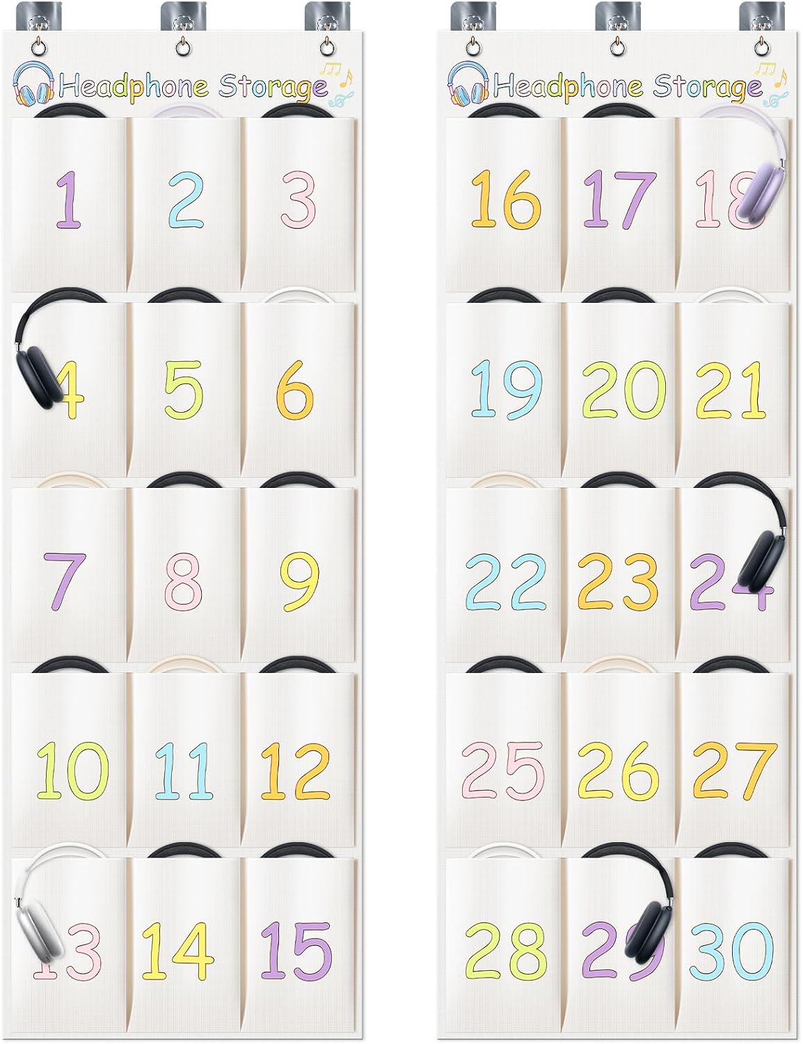 FRIENDISU 2 Pack Classroom Headphone Storage Organizer with 30 Pockets | Large Deep Canvas, Hanging Pocket Chart, Over Door Mounted Calculator and Phone Holder, Heavy-Duty, 9 Adhesive Hooks Included