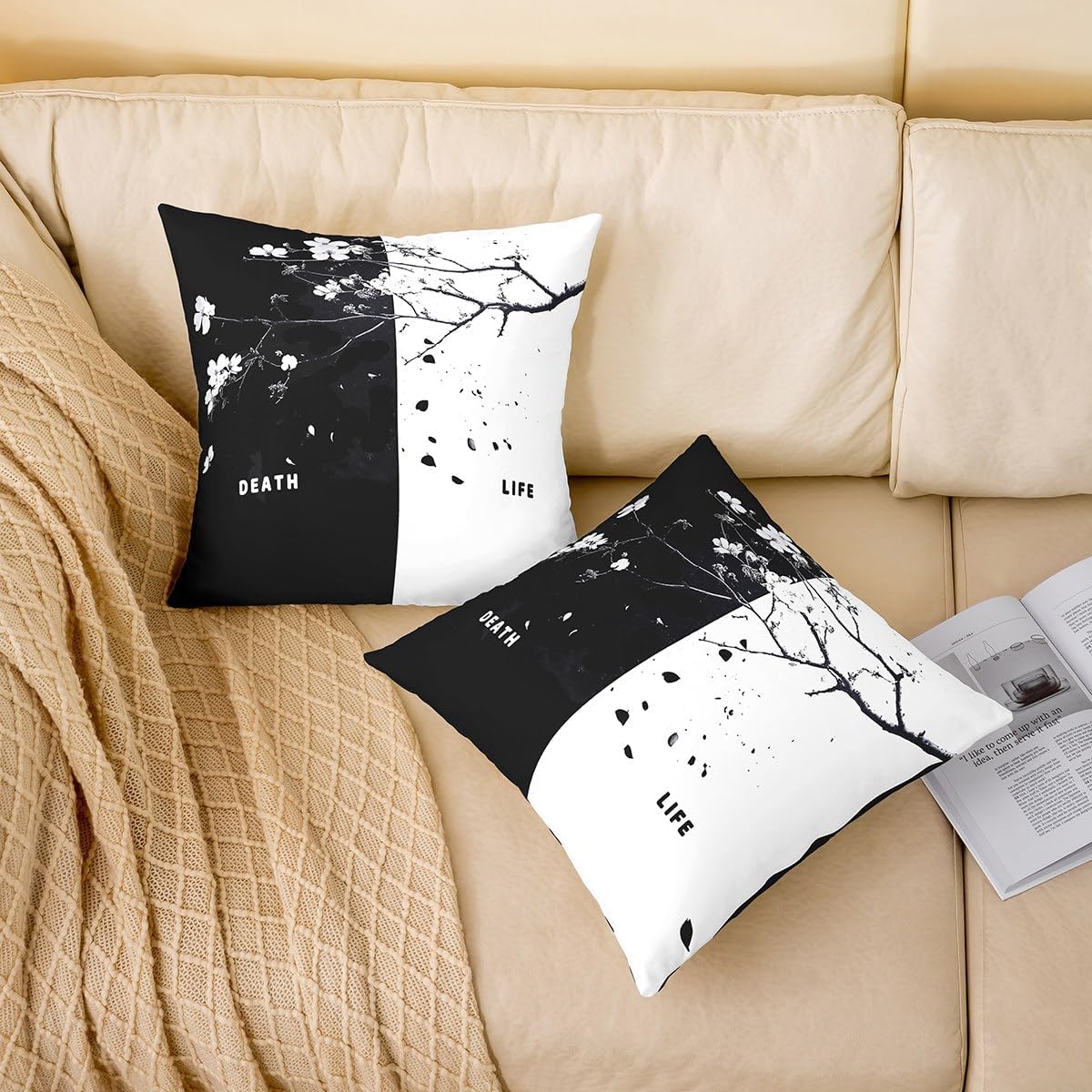 jejeloiu Japanese Life Death Throw Pillow Covers 16"x16" Set of 2 Soft Kids Anime Cushion Cases Sakura Decor Pillowcases,Polyester image 2