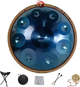 Handpan drum Percussion instrument in D Minor 9 Notes 22 inches Steel Hand Drum Sound Performance Steel Tongue Drum with Soft Hand Pan Bag, 2 handpan mallet,Handpan Stand Color Blue9note