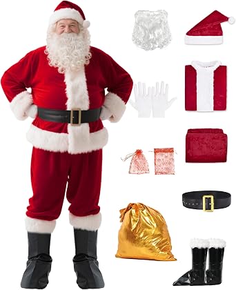 Mens Santa Claus Costume, Professional Santa Suit with Accessories | Wrinkle resistant velvet Santa outfit for men, 9-piece deluxe suit, Perfect for Christmas parties, photos, events