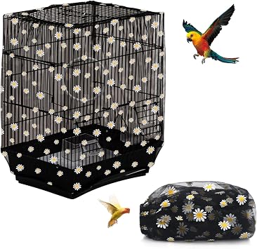 Bird Cage Seed Catcher, Seed Catcher Guard Net Cover, Parrot Nylon Mesh Net Cover, Universal Soft Airy Cage Net Stretchy Skirt for Round Square Cages Daisy-Black, 15.7" x87"