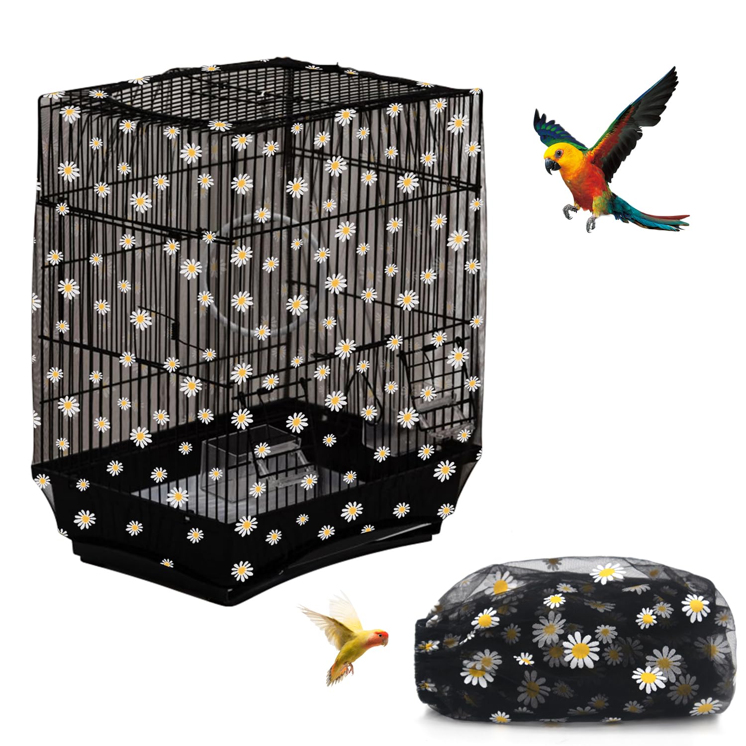 Bird Cage Seed Catcher, Seed Catcher Guard Net Cover, Parrot Nylon Mesh Net Cover, Universal Soft Airy Cage Net Stretchy Skirt for Round Square Cages (Daisy-Black, 15.7" x87")